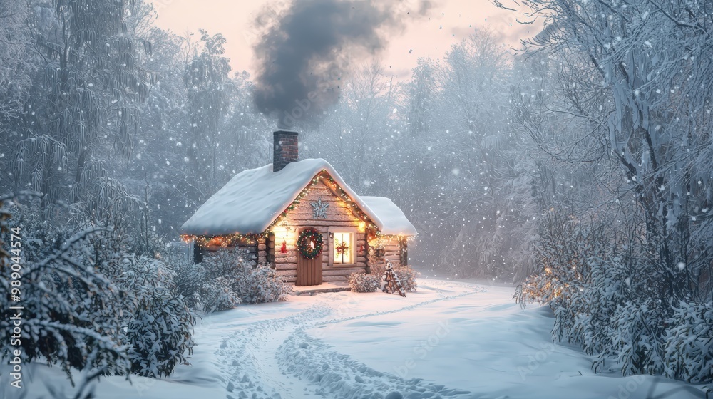 Cozy Snow-Covered Cabin in Winter Wonderland with Festive Christmas Lights and Wreath Cozy Snow-Covered Cabin in Winter Wonderland with Festive Christmas Lights and Wreath