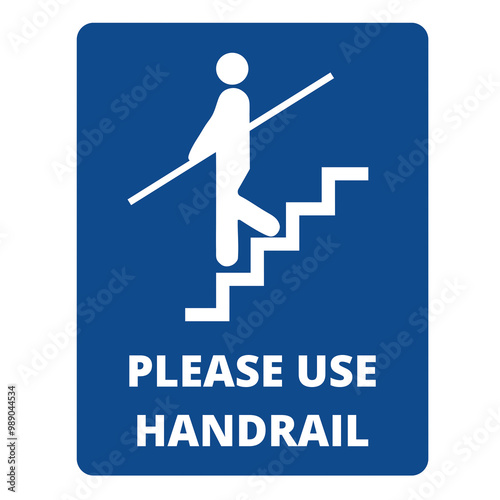 Wall Mural Blue stairway banner with please use handrail text on a white background