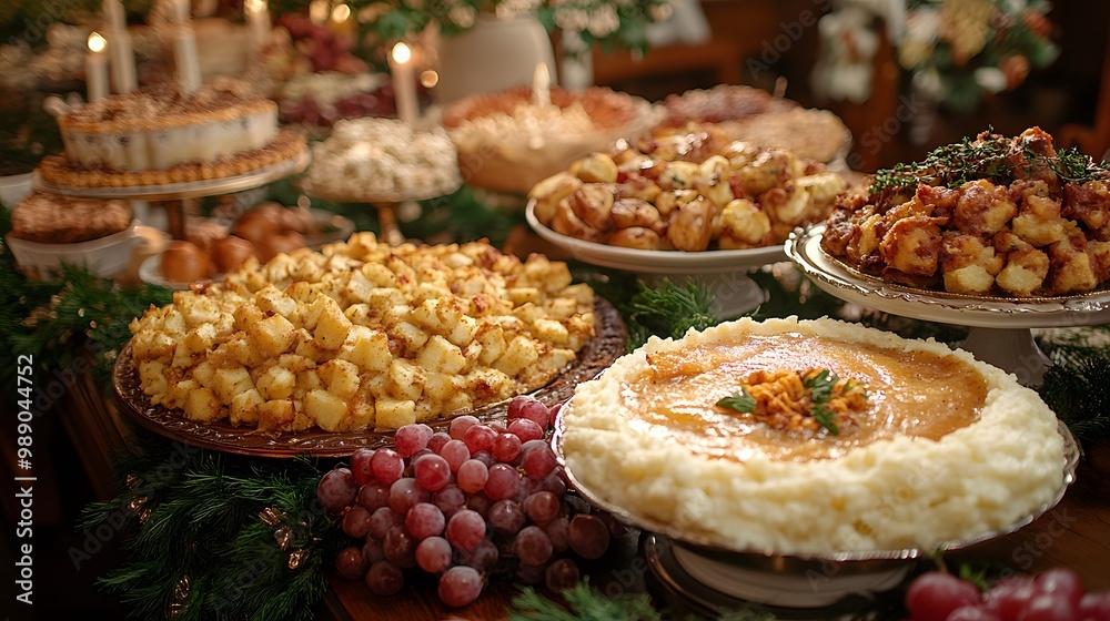 A table filled with traditional Thanksgiving dishes like mashed potatoes and pie A table filled with traditional Thanksgiving dishes like mashed potatoes and pie