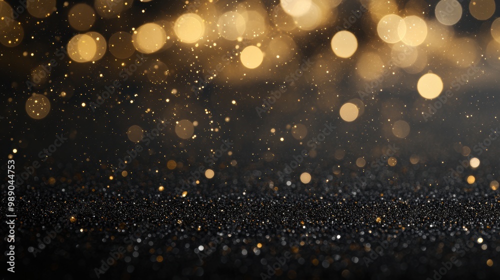 Golden bokeh lights on glittering black background for luxury events Golden bokeh lights on glittering black background for luxury events