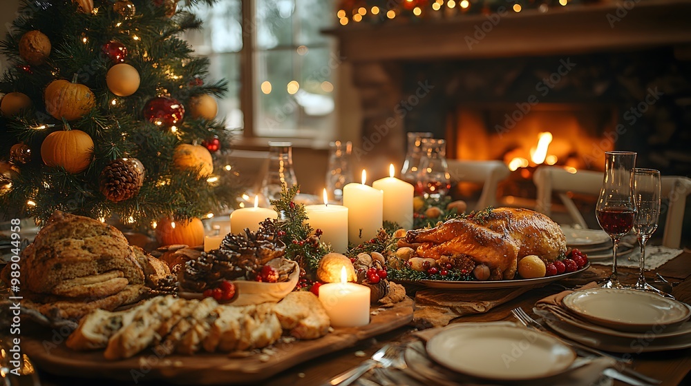 A cozy Thanksgiving dinner setting with candles and festive decorations A cozy Thanksgiving dinner setting with candles and festive decorations