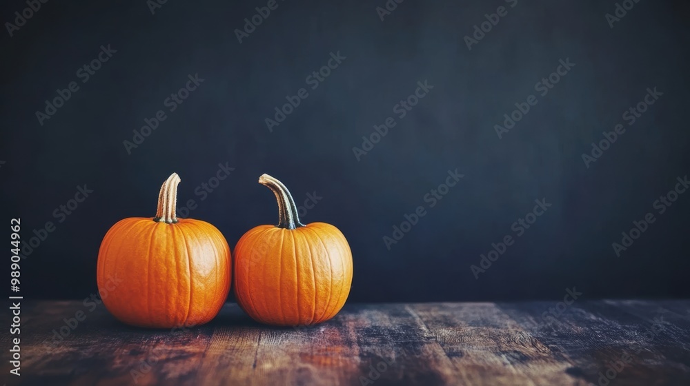 Vibrant orange pumpkins on rustic table dark background Vibrant orange pumpkins on rustic table dark background