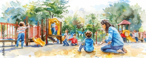 Watercolor style, early childhood educator playing with children on playground, Early Childhood Education, playful concept photo