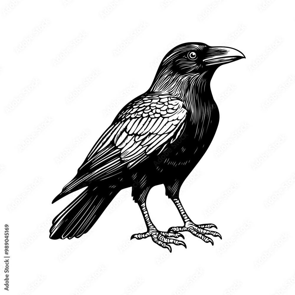 Fototapeta premium Raven black linocut vector illustration isolated on white background Crow Flat Logo Icon Clipart engraving bird vintage illustration