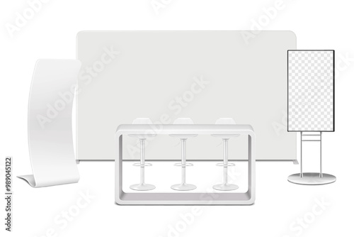 Trade show booth display kit mock-up. Expo tradeshow set template. Backdrop banner, exhibition table counter, swivel bar chairs, snake banner standee, LCD TV monitor. Realistic 3d vector mockup