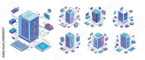 Servers isometric vector set. Hardware data storage rigs information computer racks, internet web hosting technology communication memory pc database device equipment stuff, isolated illustrations