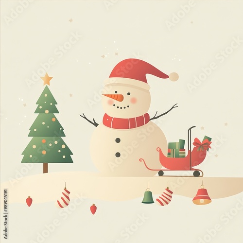 A minimalist Christmas Eve scene with Santa's sleigh and a snowman.   The snowman is built with care, Christmas tree, socks and bells are set against a simple background.  There is a festivals sense.
 photo