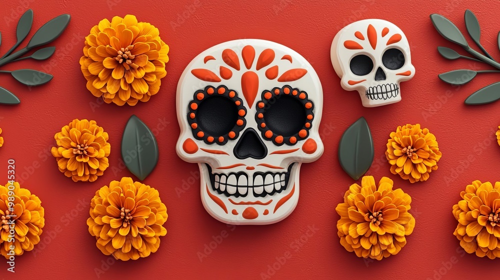 Colorful sugar skulls with marigold flowers. Colorful sugar skulls with marigold flowers.