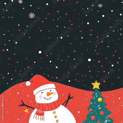 A minimalist Christmas Eve scene with Santa's sleigh and a snowman.   The snowman is built with care, Christmas tree, socks and bells are set against a simple background.  There is a festivals sense.
 photo