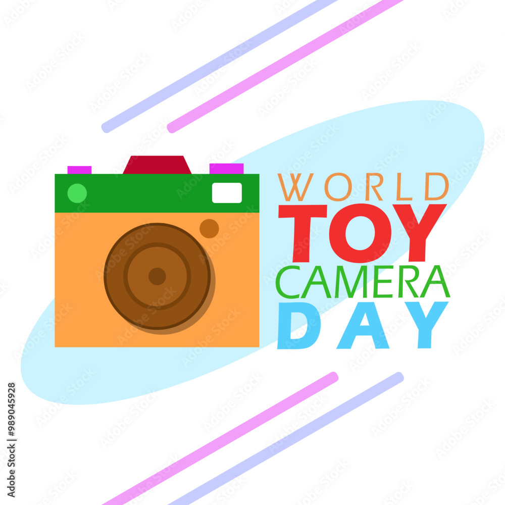Obraz premium World Toy Camera Day celebrates on third Sunday of October. A colorful camera toy with bold text on a white background.