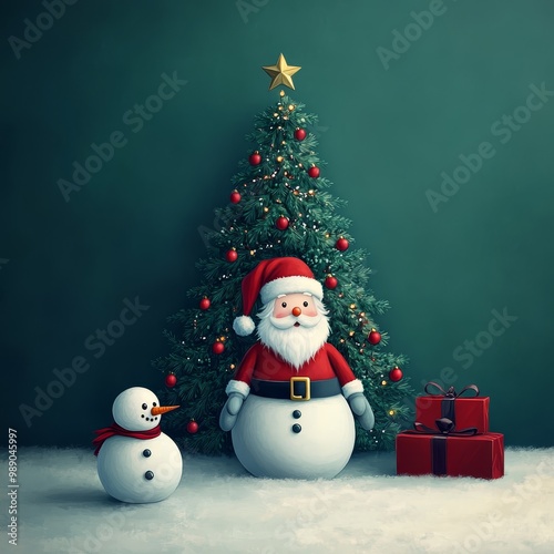 A minimalist Christmas Eve scene with Santa's sleigh and a snowman.   The snowman is built with care, Christmas tree, socks and bells are set against a simple background.  There is a festivals sense.
 photo