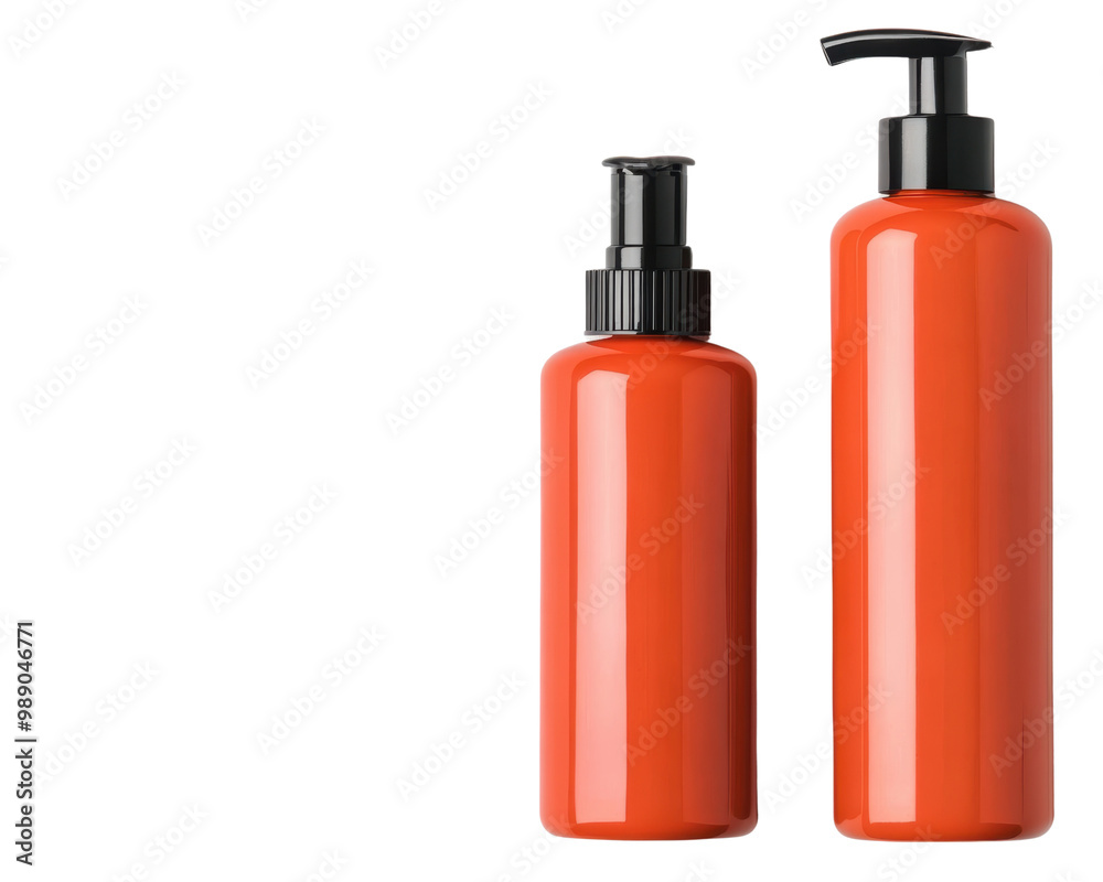 Two orange lotion bottles with black pumps, white isolate background. transparent background. Two orange lotion bottles with black pumps, white isolate background. transparent background.