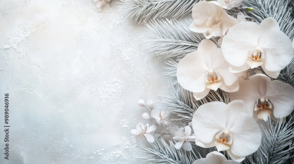 A serene arrangement of white orchids and pine branches on a soft, light background. A serene arrangement of white orchids and pine branches on a soft, light background.