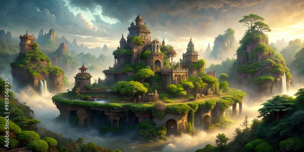Obraz premium Mystical foggy island with lush greenery, ancient ruins, and an air of mystery, bathed in soft, eerie light, transporting the viewer to a fantastical world