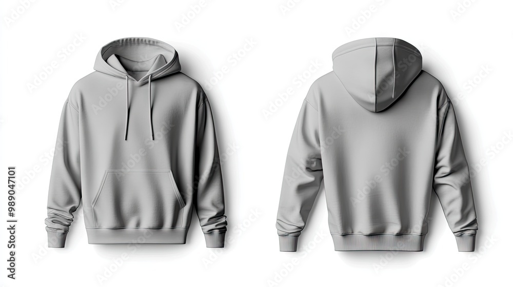 Front and back views of a minimalist grey hoodie, displayed on a clean white background, ideal for showcasing custom designs.