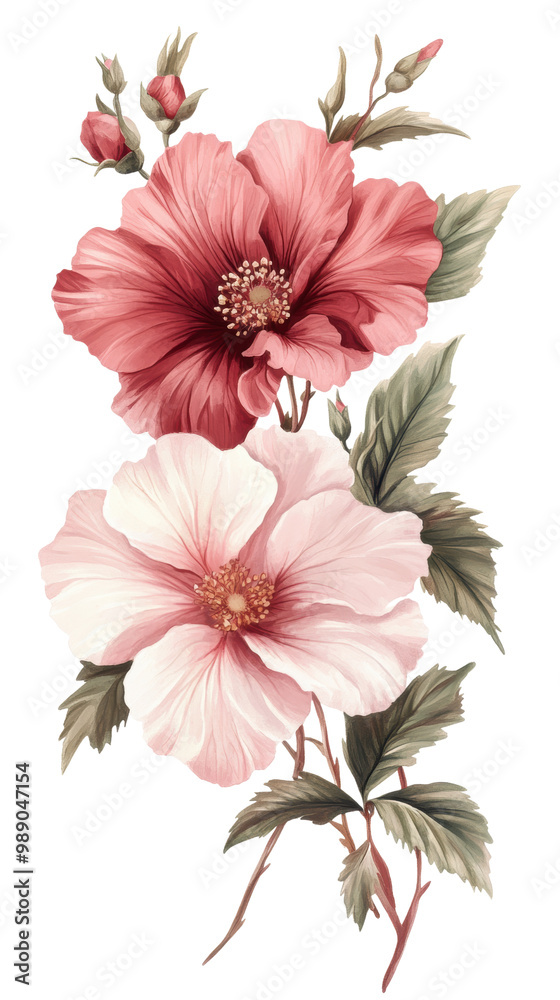 Obraz premium Red and pink hibiscus flowers with green leaves, white isolated background. transparent background.