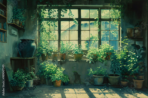 Room with plants. Anime style art for wallpaper, prints, greeting cards.	 photo