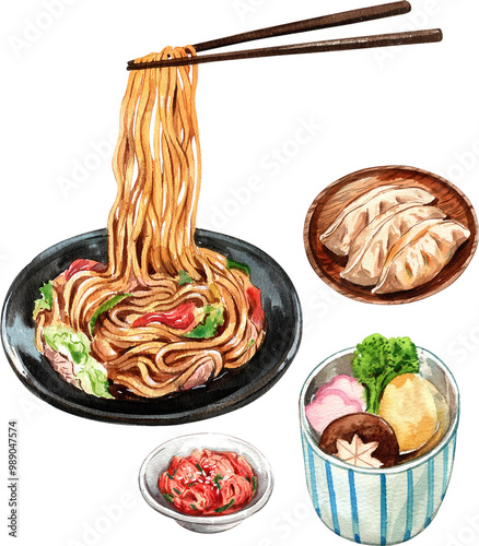 Yakisoba, gyoza japanese fried dumplings, simono clear soup, pickled ginger japanese food, watercolor painting hand-drawn illustration photo