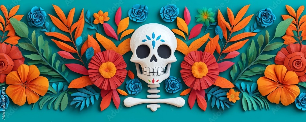 Colorful paper flowers and a skull on a turquoise background.