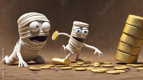 Mummy is caught in the act of tripping over his own bandages, his goofy smile never fading as he tumbles into a pile of gold coins. photo