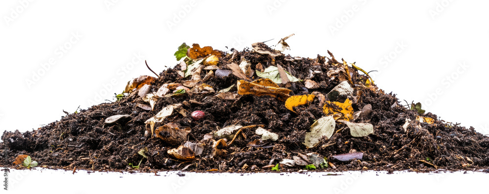 Organic compost heap with leaves, twigs, and brown soil on a white isolate background transparent background. Organic compost heap with leaves, twigs, and brown soil on a white isolate background transparent background.