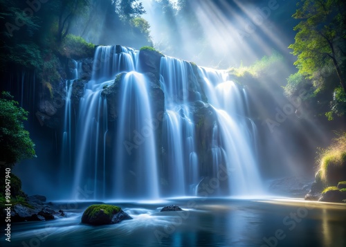 A delicate, fog-enshrouded waterfall, with misty tendrils dancing in the air, illuminated by a shaft of light, highlighting the water's crystal clear droplets.