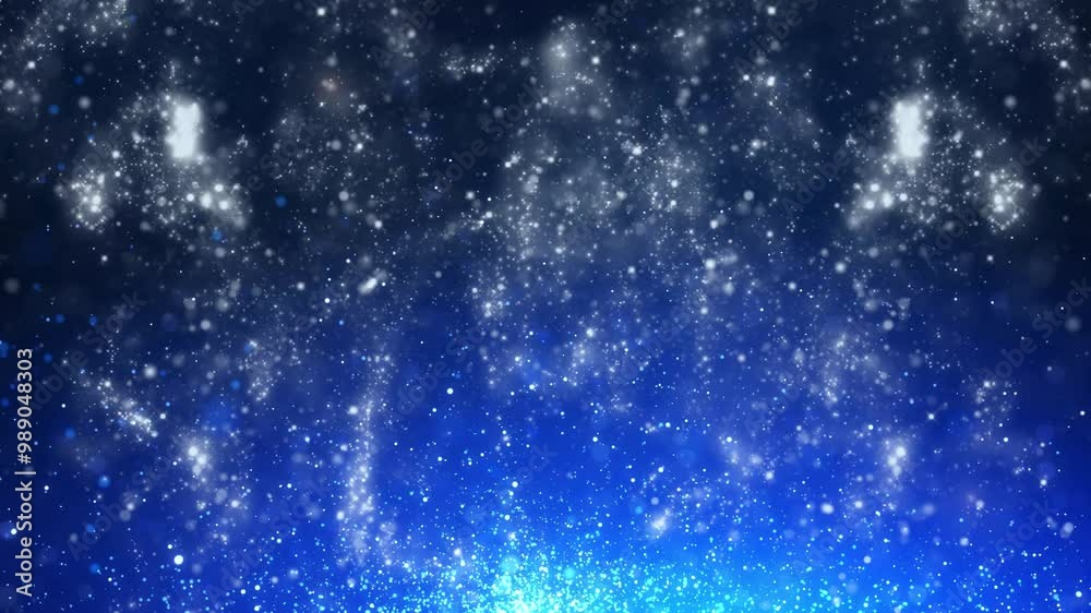Blue Particle Glitter Swirl Dance 4K Loop features dancing and swirling particles floating from a gradient atmosphere of light blue to dark blue in a loop. 