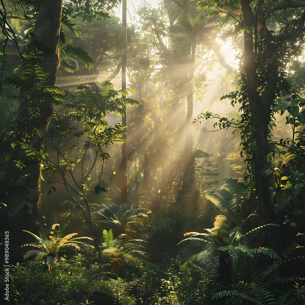 Obraz premium Serene Sunlit Forest with Lush Green Undergrowth - Peaceful Woodland Landscape