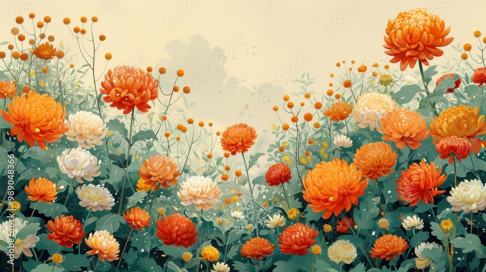 custom made wallpaper toronto digitalDesign Pop Color illustrations of Chrysanthemum in various activities ,with bold lines and simple design, placed on a white background 