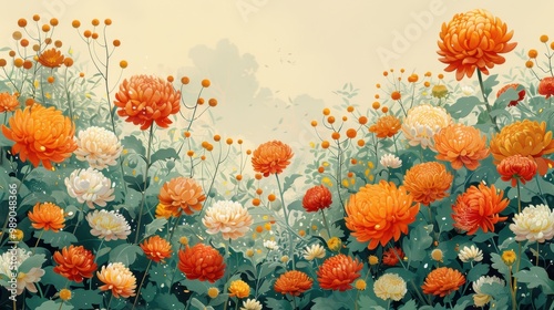 Wallpaper Mural Design Pop Color illustrations of Chrysanthemum in various activities ,with bold lines and simple design, placed on a white background  Torontodigital.ca