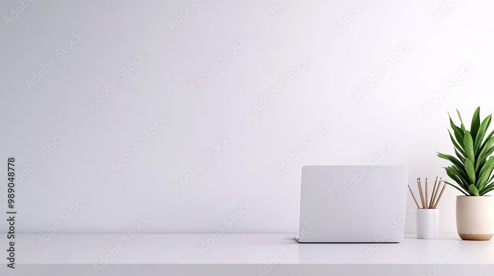 Modern Workspace with Laptop and Indoor Plant Modern Workspace with Laptop and Indoor Plant