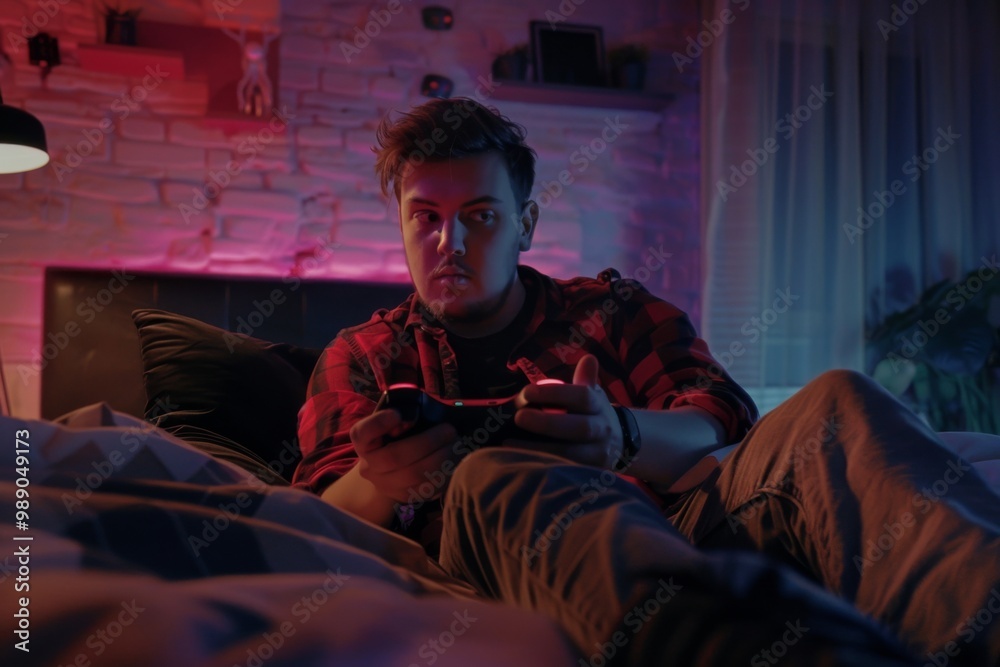 Amidst soft lighting and a relaxed atmosphere, a young man sits comfortably on his bed, engrossed in an intense gaming session on his console, showcasing sheer concentration. Amidst soft lighting and a relaxed atmosphere, a young man sits comfortably on his bed, engrossed in an intense gaming session on his console, showcasing sheer concentration.