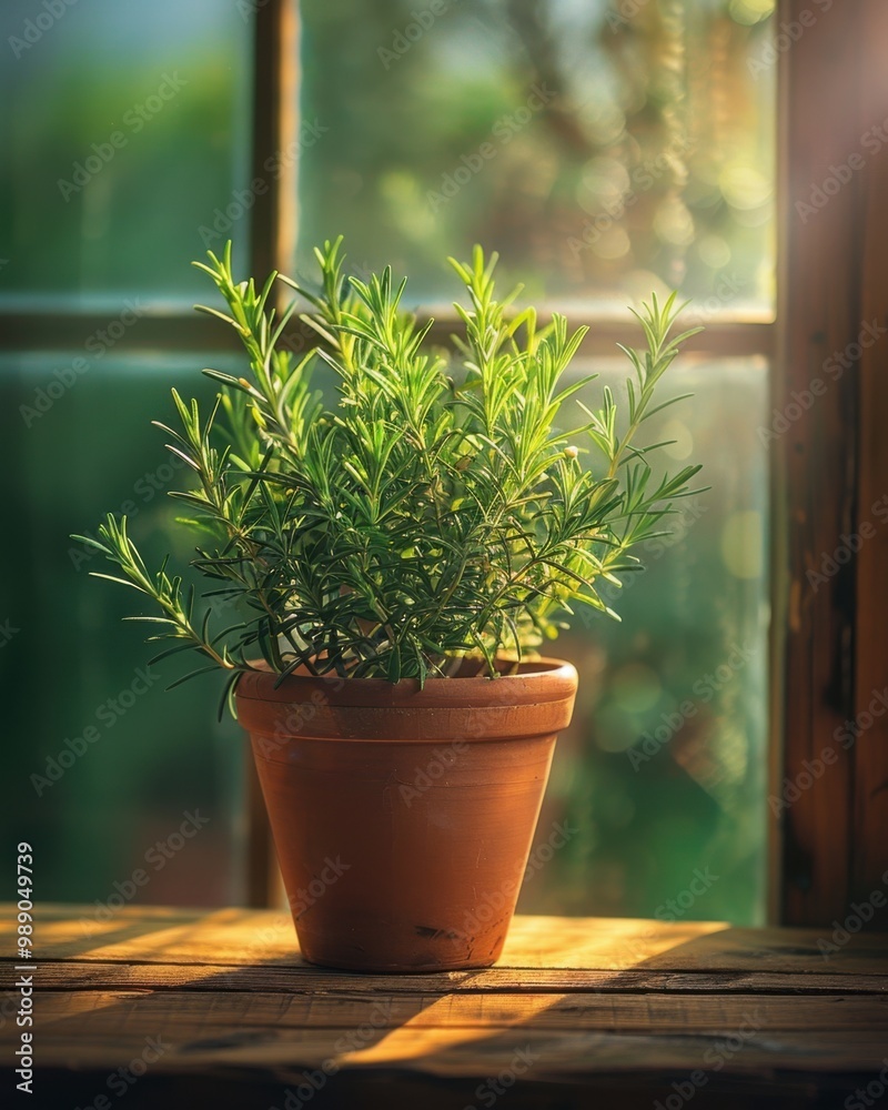 Fototapeta premium Rosemary Plant in Terracotta Pot on Rustic Wooden Table in Sunlight