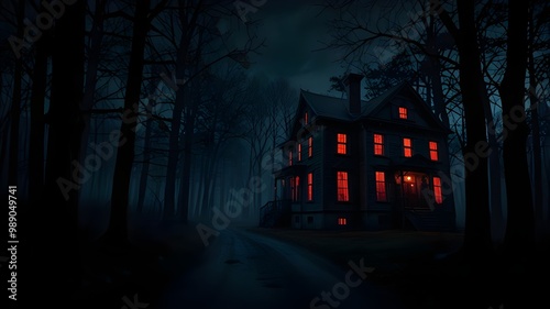 haunted house in the woods, murder mystery story with a dark house at night, the windows have a red glow to them and the creepy darkness extends to a street and a forest, wallpaper photo