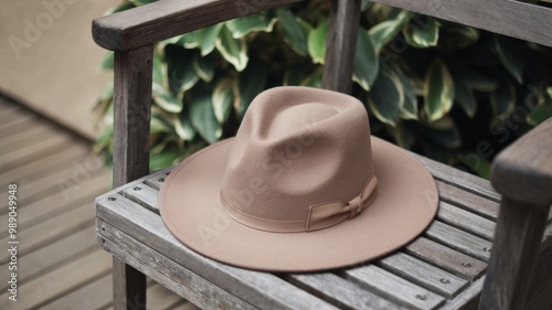 A photo of a beige fedora hat resting on a wooden chair. The hat has a narrow brim and a creased crown. The chair is placed on a wooden deck. The background reveals a lush green plant and a beige wall