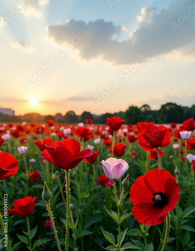 Sunset Serenade: Red and Pink poppy Flowers Against a Vibrant Sky