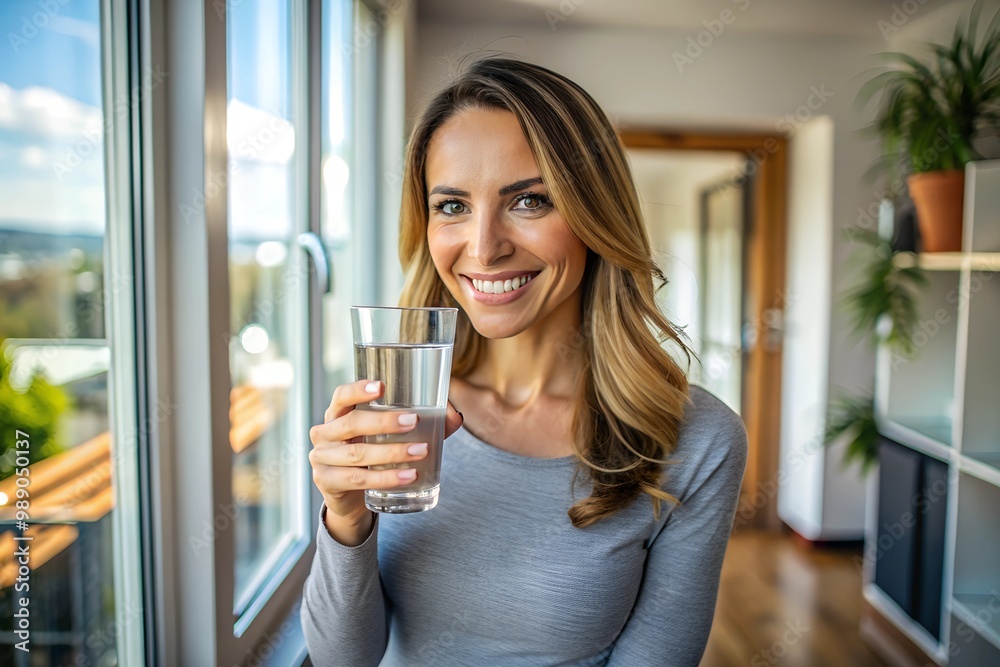 A beautiful European woman smiles happily, holding a glass of water, drinking natural mineral water from a clear glass, inside a residential. A healthy woman shows her face, complete physical health. A beautiful European woman smiles happily, holding a glass of water, drinking natural mineral water from a clear glass, inside a residential. A healthy woman shows her face, complete physical health.