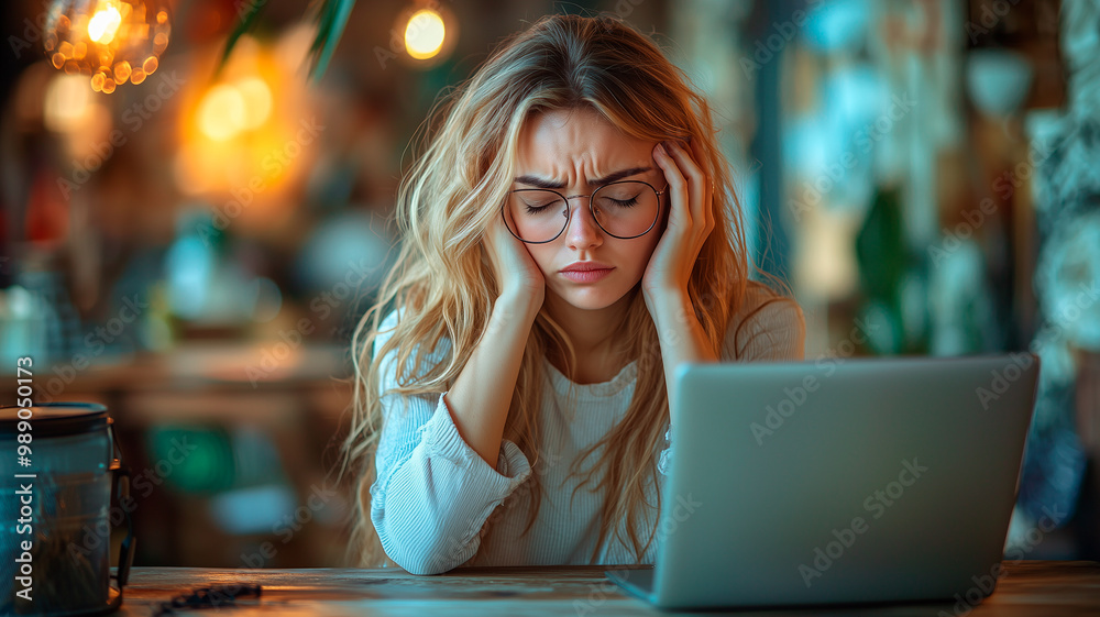 Stressed Young Woman Working on Laptop, Holding Her Head in Frustration Stressed Young Woman Working on Laptop, Holding Her Head in Frustration