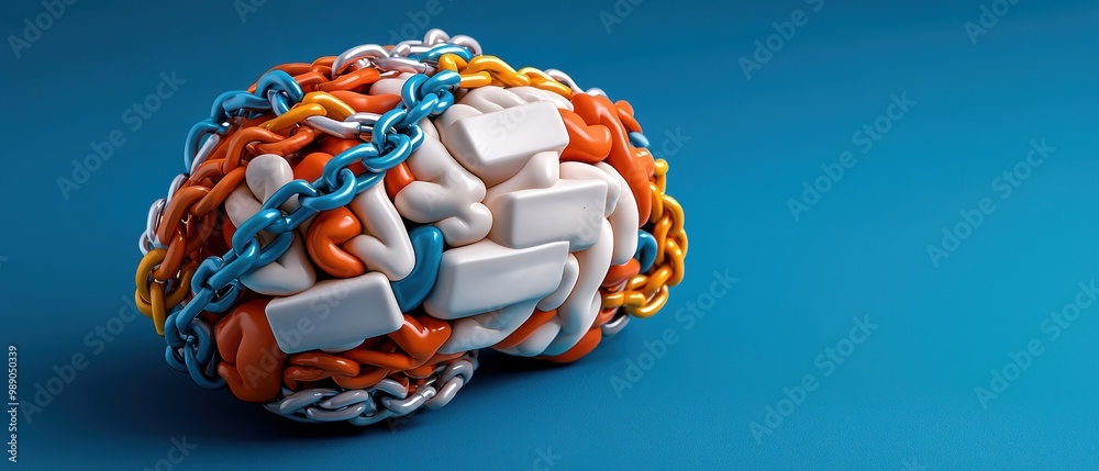 Naklejka premium Colorful Chains and Brain Concept on Blue Background
