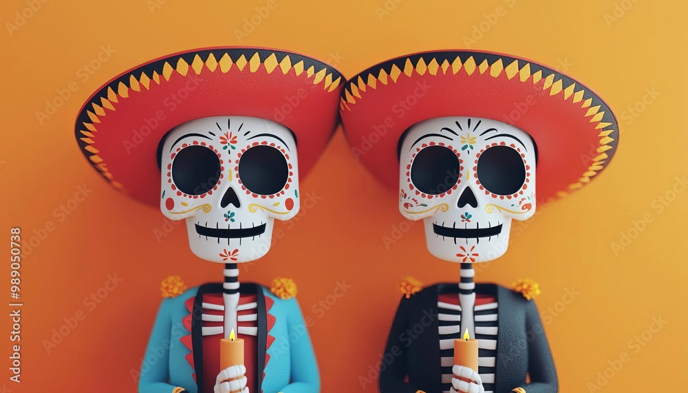 Two colorful skull figurines wearing sombreros. Two colorful skull figurines wearing sombreros.