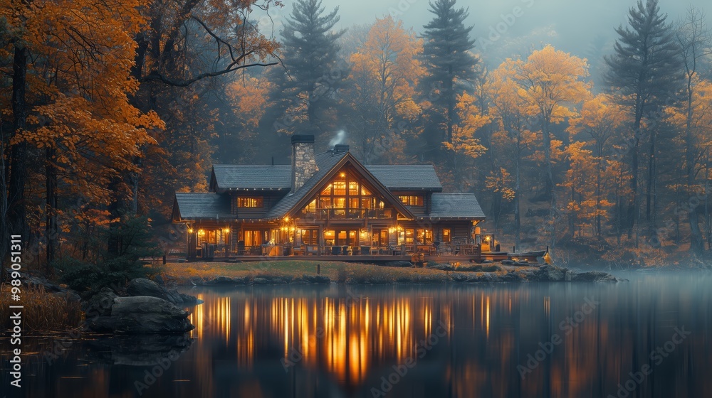 Fototapeta premium Cozy Rustic Lodge by the Lake at Night