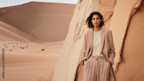 Fototapeta Naklejka Na Ścianę i Meble -  Woman standing wearing a minimal colorful outfit outdoors desert nature.