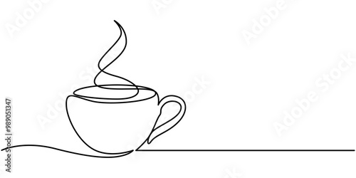 One continuous single line of hand drawn with cup of coffee decorated with heart symbol isolated on white background, Single continuous line art. Coffee cup tea cup morning cafe hot drink silhouette