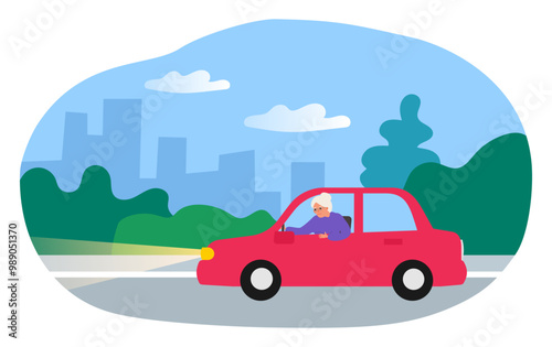senior woman driving a car city street vector illustration