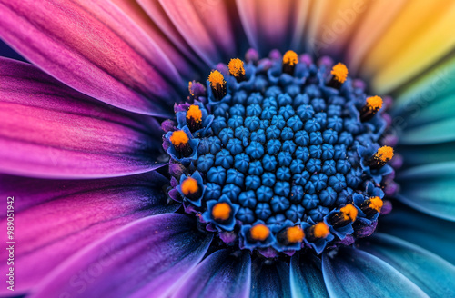 A close-up of the center, rainbow-colored petals of an African daisy flower.