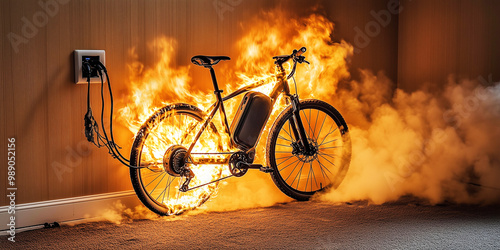 An electric bicycle is engulfed in flames while charging indoors, highlighting potential fire hazards and safety concerns associated with electric vehicles.