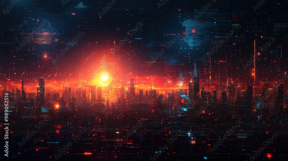 Fototapeta premium Futuristic Cityscape with Glowing Digital Lines and Lights