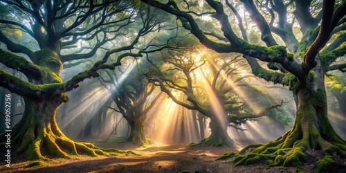 Dramatic beams of light slice through the fog, illuminating the eerie landscape of a mystical forest, with ancient trees looming in the distance