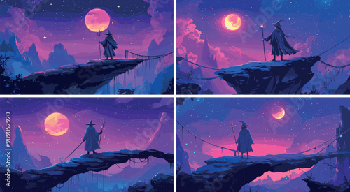 Sorcerer standing on cliff cartoon vector concepts. Robe cone hat man scepter magic wooden staff, wizard back view character rock peak over forest night full moon valley landscape illustration
