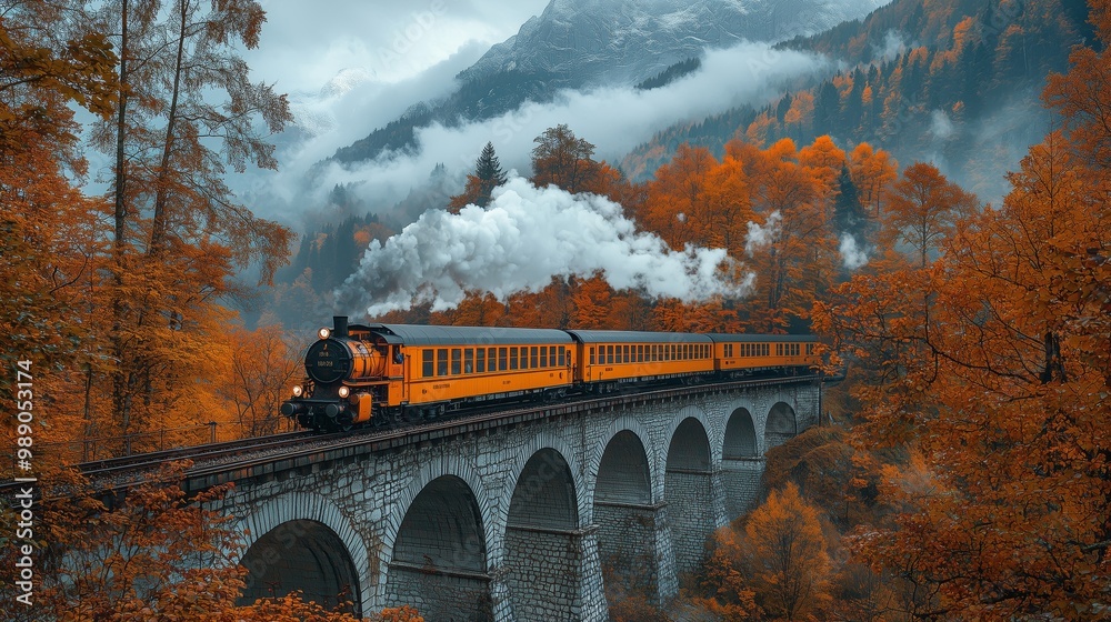 Fototapeta premium Scenic Train Passing Over a Bridge Surrounded by Nature